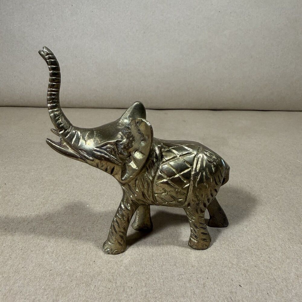 Vintage Heavy Solid Brass Elephant Statue Figurine Trunk Up 4 1/2"